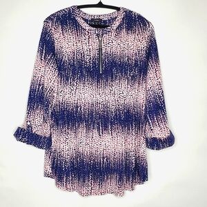Cocomo Woman Zip Front Tunic Size 1X Geometric Print 3/4 Sleeve Pullover Top